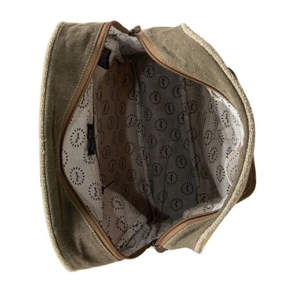Myra Bag Handmade Chesternut Backpack Upcycled Canvas & Cowhide Leather